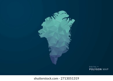 Mapa da Groenlândia - Ilustração do vetor estilo polígono com Gradiente azul-escuro, baixo design geométrico poly, Digital e tecnologia inspirada, Silhueta limpa no fundo escuro.