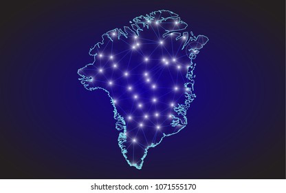 Greenland map of polygonal mosaic lines network, rays and space stars of vector illustration