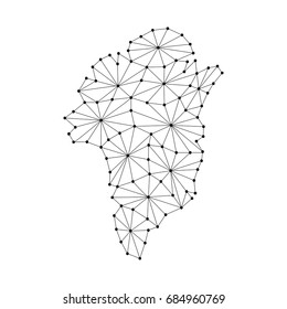 Greenland map of polygonal mosaic lines network, rays and dots vector illustration.