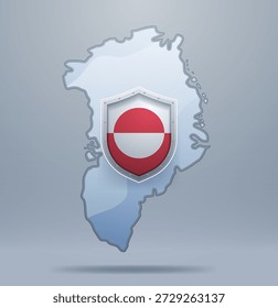 Grönland Karte Schild Fahnenschutz Souveränität arktische Sicherheit Diplomatie Metallic Emblem grauer Hintergrund geopolitisches Konzept