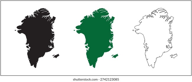 Greenland Map Silhouette Solid Black Outline and Satellite Style Vector Isolated on White Background