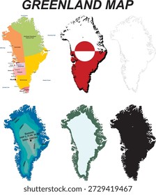 Conjunto de Ilustraciones vectoriales de mapas de Groenlandia que muestra varios estilos de mapas en una colección. Este Paquete incluye un mapa político con regiones y ciudades, una bandera de Groenlandia, un contorno limpio, una elevación topográfica, un terreno físico y una silueta negra sólida de Groenlandia.
Los mapas están diseñados en un estilo de Vector limpio y moderno, ideal para la educación, proyectos geográficos, presentaciones, infografías, atlas, carteles, Sitios web y uso de impresión.
Ilustración vectorial totalmente editable y de alta calidad adecuada para fines de diseño digital y comercial.