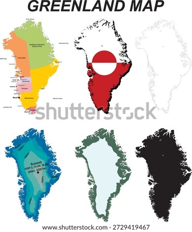 Greenland map vector illustration set showing multiple map styles in one collection. This bundle includes a political map with regions and cities, a Greenland flag , a clean outline , a topographic elevation, a physical terrain, and a solid black silhouette  of Greenland.
The maps are designed in a clean, modern vector style, ideal for education, geography projects, presentations, infographics, atlases, posters, websites, and print use.
Fully editable, high-quality vector illustration suitable for both digital and commercial design purposes.