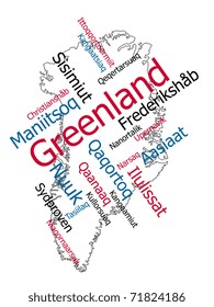 Greenland map and words cloud with larger cities