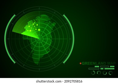Mapa de Groenlandia - Mapa Mundial Plantilla vectorial Internacional con el estilo de radar de círculo futurista HUD, GUI, interfaz de interfaz de usuario aislada en fondo verde oscuro - Ilustración vectorial eps 10
