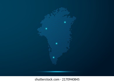 Greenland Map - World Map vector template with dots, grid, grunge, halftone style and light, network line, design sphere on blue technology background -  Vector illustration eps 10