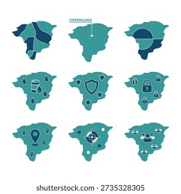 Greenland maps collection vector icon, featuring various symbols and patterns illustrating themes like geography, industry, safety, and community.