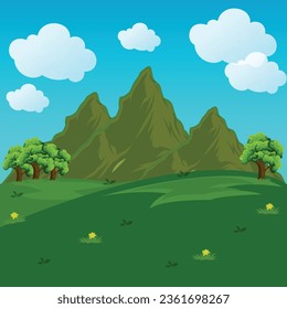 Greenland with mountains and clouds,  cartoon background, grassland