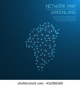 Greenland network map. Abstract polygonal Greenland network map design with glowing dots and lines. Map of Greenland networks. Vector illustration.
