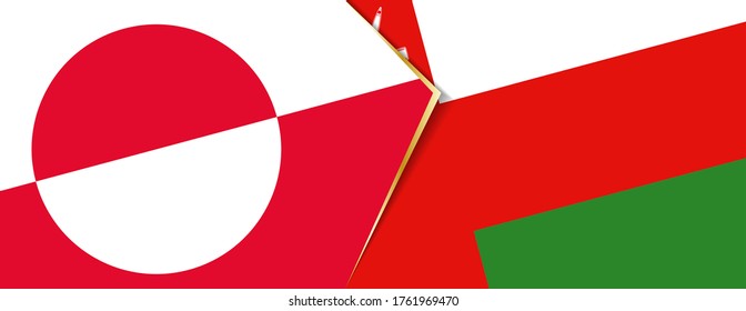 Greenland and Oman flags, two vector flags symbol of relationship or confrontation.
