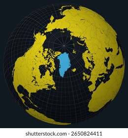 Greenland on Globe. Country view on the world map in Charcoal Bright Yellow color palette. Greenland shape on map. Globe with meridians, parallels, countries, rivers and lakes.