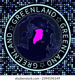 Greenland on globe vector. Futuristic satelite view of the world centered to Greenland. Geographical illustration with shape of country and squares background. Bright neon colors on dark background.