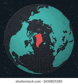 Greenland on Globe. Vintage look with grunge scratched texture. Country view on world map in Dark Charcoal Turquoise color palette. Greenland shape on map. Globe with meridians and parallels.