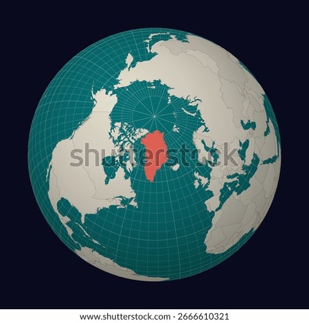 Greenland on the map. Globe centered to Greenland. Country location on the world map. Teal Pale Mint color palette. Globe with countries, meridians and parallels. Modern vector illustration.
