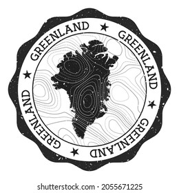 Greenland outdoor stamp. Round sticker with map of country with topographic isolines. Vector illustration. Can be used as insignia, logotype, label, sticker or badge of the Greenland.