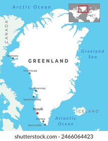 Greenland Political Map with capital Nuuk with most important cities