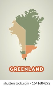Greenland poster in retro style. Map of the country with regions in autumn color palette. Shape of Greenland with country name. Attractive vector illustration.