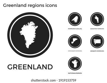 Greenland regions icons. Black round logos with country regions maps and titles. Vector illustration.