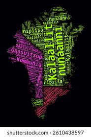 Greenland Regions Word Clouds. Bright neon style design on dark background. Region names of the country in Greenlandic language. Country shape with administrative division.