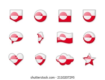 Greenland - set of shiny flags of different shapes. Vector illustration