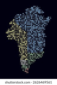 Greenland, shape of the country build of colored cells. Digital style map of the Greenland on dark background. Small size rounded square blocks. Modern vector illustration.