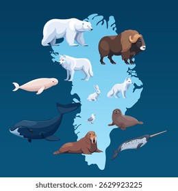 Vida selvagem da Groenlândia com terra ártica e animais marinhos. Ilustração vetorial