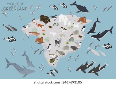 Geografía isométrica groenlandesa. Diseño de la fauna de Groenlandia. Elementos constructores de animales, pájaros y plantas aislados en set blanco. Ilustración vectorial