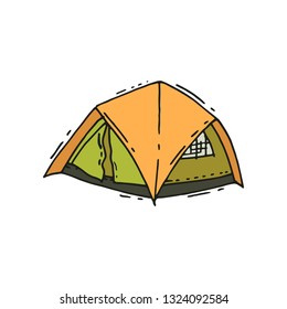Green-orange tent camping tent in doodle style. Outdoor recreation. Tourist equipment. Hand drawn vector design