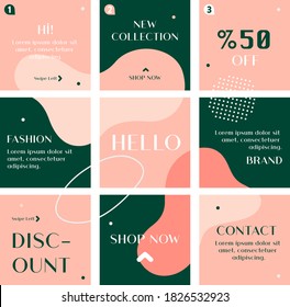 Green&Pink Social Media Post Template for Digital Marketing and Advertising Sale Promo. Puzzle Grid design for Fashion, Coffee Shops vector set. Minimal, trendy, abstract layout.