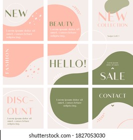 Green&Pink Social Media Post Template for Digital Marketing and Advertising Sale Promo. Puzzle Grid design for Fashion, Coffee Shops vector set. Minimal, trendy, abstract layout