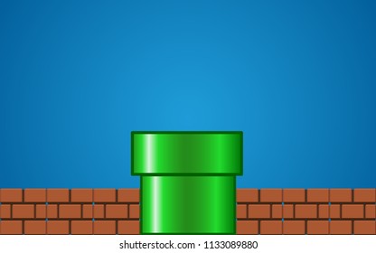 GreenPipe with brick on Blue Background