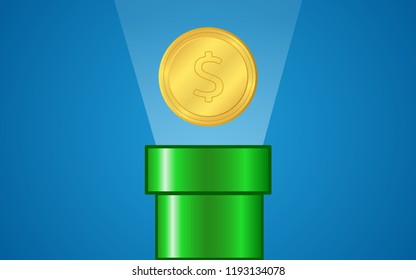 GreenPipe with Gold coin and rays light on Blue Background