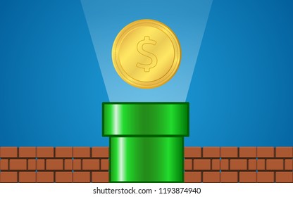 GreenPipe with Gold coin ,rays light  and brick on Blue Background