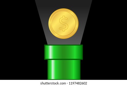 GreenPipe with Gold coin and rays light on Black Background