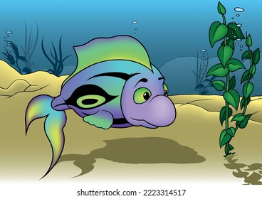 Green-purple Barrier Fish with Black Stripes and Green Eyes and a Large Nose - Colored Cartoon Illustration with Background, Vector