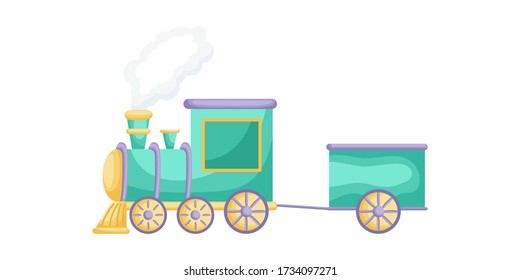 Green-purple cartoon train for children isolated on white background, colorful train in flat style, simple design. Flat cartoon colorful vector illustration. 