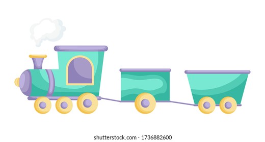 Green-purple cartoon train for children isolated on white background, colorful train in flat style, simple design. Flat cartoon colorful vector illustration. 