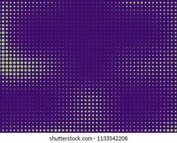 Green-purple halftone background. Digital gradient. Abstract backdrop with circles, point, dots. Dotted pattern. Futuristic panel Vector illustration