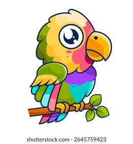 Green-red parrot in flat style. Colorful tropical bird on a white background. A tropical parrot with crest sits on a perch.