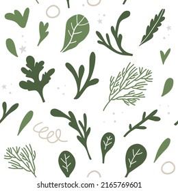 Greens salad flat hand drawn seamless pattern. Healthy nutrition cartoon texture. Organic food scandinavian illustrations. Diet sketch color cliparts. Kitchen textile, background vector fill