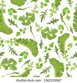 Greens seamless pattern with healthy full of vitamins kale salad, parsley and arugula isolated on white background. Vector cartoon illustration