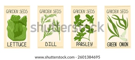 Greens seeds packages vector set. Pack of green onion, lettuce salad, parsley, dill seeds. Package design for gardening farming agriculture