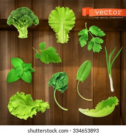 Greens, vector icon set on wooden board