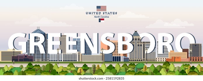 Greensboro city skyline colorful vector illustration. Travel poster