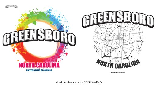 Greensboro, North Carolina, logo design. Two in one vector arts. Big logo with vintage letters with nice colored background and one-color-version with map for every possible print production.