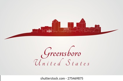 Greensboro skyline in red and gray background in editable vector file