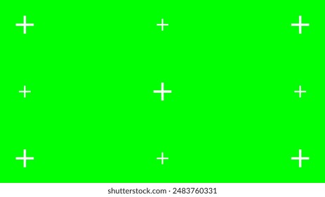 Greenscreen background with white tracking cross marks. Chromakey technique. Video technology to add visual effects or VFX during movie post production phase. Vector flat illustration.