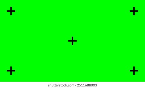 Greenscreen template. Green background with tracking black cross marks. Chromakey video technology to add visual effects or VFX in footage during movie post-production phase. Vector flat illustration.