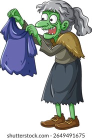 A green-skinned witch with gray hair examines a torn purple cloth. The illustration features vibrant colors and a whimsical style