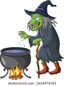 A green-skinned witch stirs a bubbling cauldron over a fire, showcasing a classic cartoon style